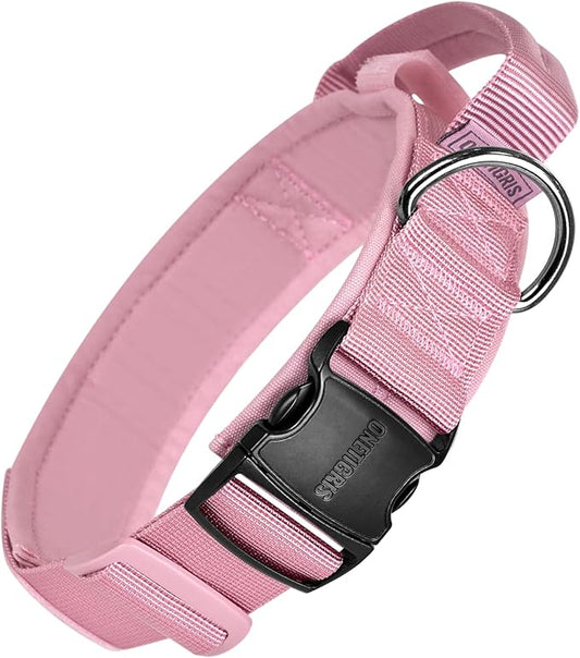 OneTigris Tough Dog Collars, Tactical Dog Collar with Handle, Milltary Adjustable Dog Collar with Heavy Duty Metal Buckle for Training (Large,Pink)