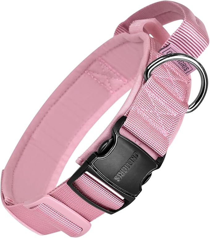 OneTigris Tough Dog Collars, Tactical Dog Collar with Handle, Milltary Adjustable Dog Collar with Heavy Duty Metal Buckle for Training (Medium,Pink)