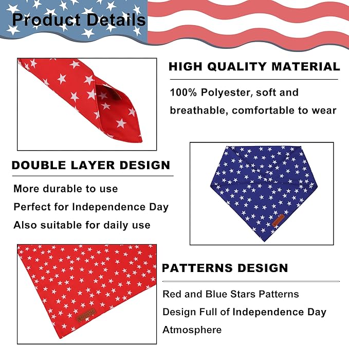 ADOGGYGO Star Dog Bandana 2 Pack, Reversible Red Blue Patriotic Pet Scarf Bib, Adjustable Fit 4th of July Star Bandanas for Small Dogs Pets (Small)