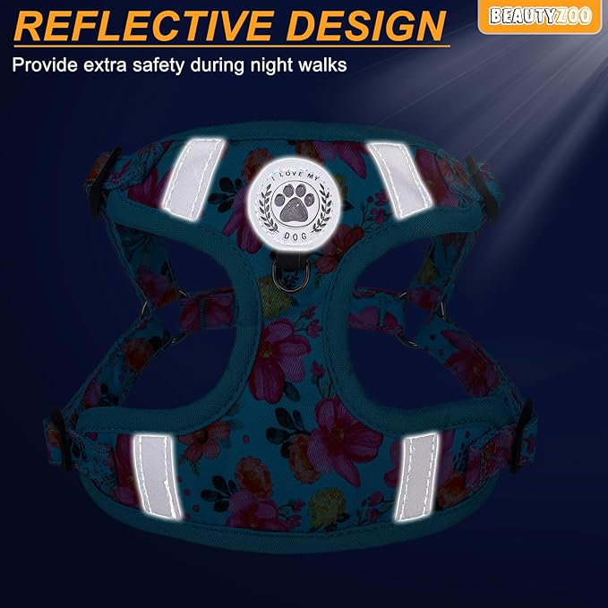 BEAUTYZOO Dog Harness Collar and Leash Set, No Pull Step in Pet Harness for Small Sized Dogs, Adjustable No Escape Puppy Vest Harnesses Outdoor Walking Running, Soft Reflective Vest, Blue XS