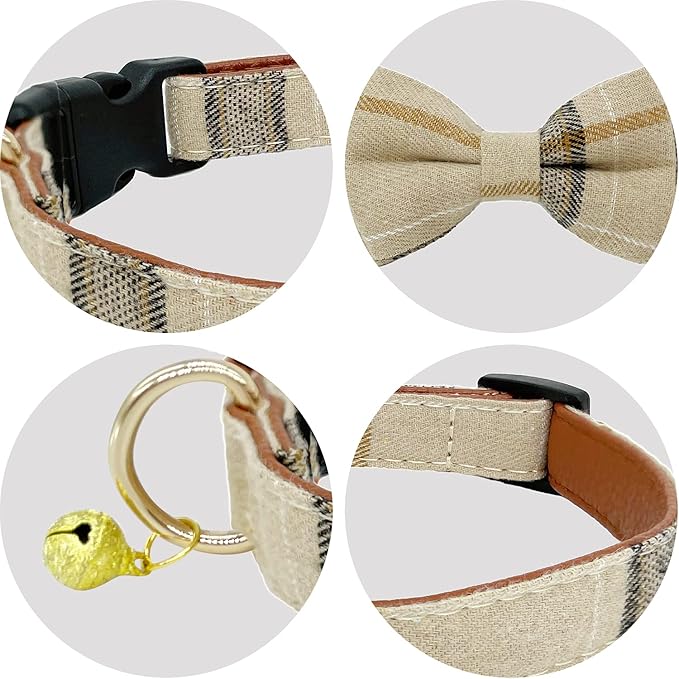 KUDES 2 Pack/Set Dog Collars with Bow Tie and Bells, Adjustable Cute Dog Bow Ties Collar for Small/Medium/Large Boys and Girls Pets (Beige & Brown, M(11.8''-17.8''))