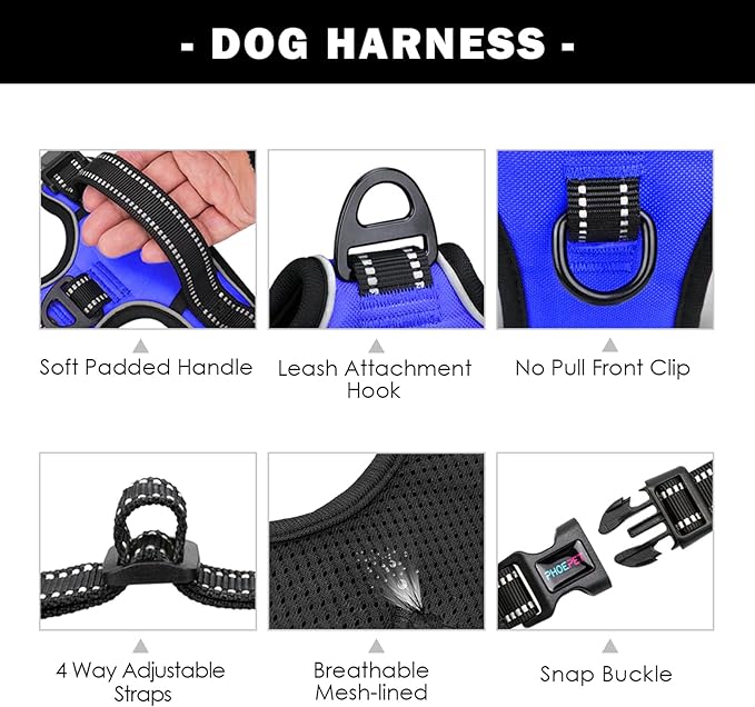 PHOEPET No Pull Dog Harness Medium Reflective Front Clip Vest with Handle,Adjustable 2 Metal Rings 3 Buckles,[Easy to Put on & Take Off](M, Royal Blue)