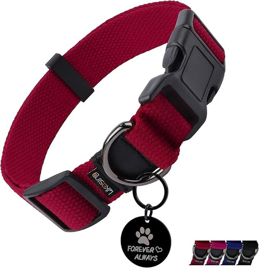 Cotton Soft Dog Collar, Quick Release Dog Collar with Buckle, Heavy-Duty Adjustable Pet Collar for XS Small Medium Large Dog, Colorfast Dog Collars with Removable Tag(L, Red)