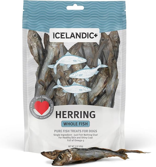 Icelandic+ Whole Fish Herring - 3oz Bag - Dog Treats, Pure Wild-Caught & Air-Dried, Single Ingredient Snack, Pet Chew, Just The Fish Nothing Else