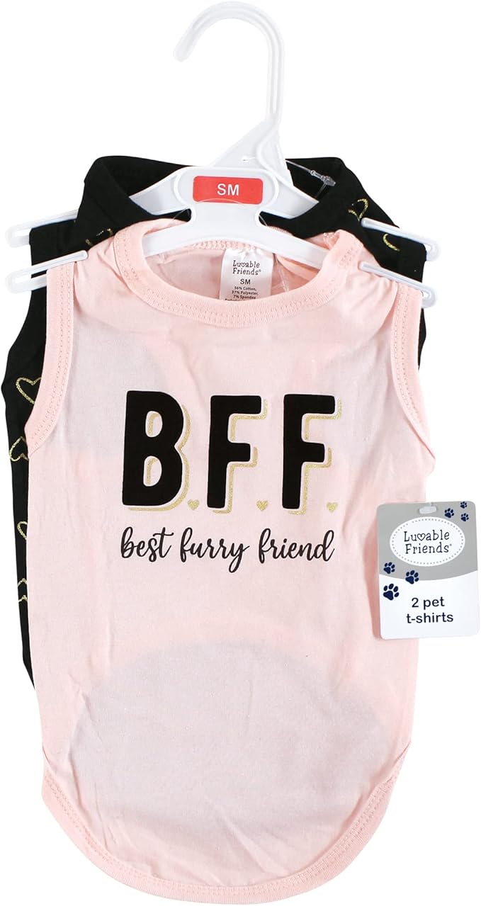 Luvable Friends Dog Pet Dog and Cats Cotton T-Shirts 2pk, BFF Hearts, X-Small