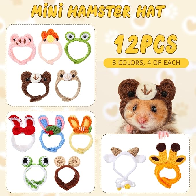 12 Pcs Hamster Hat Guinea Pig Knitted Cartoon Headwear Mini Small Animals Hat Hamster Clothes for Real Hamsters Pets Small Animal Lizard Dragon Snake Bird Rabbit Party Costume Accessories