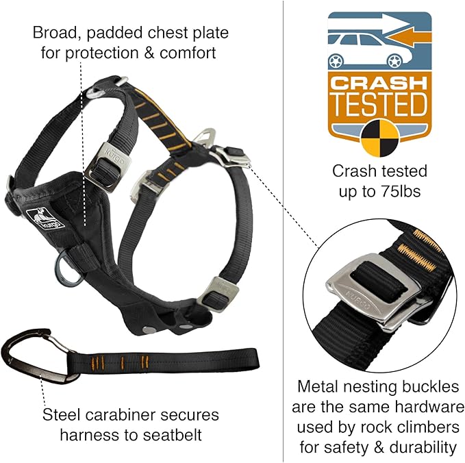 Kurgo Enhanced Strength Tru-Fit Smart Dog Harness, Charcoal, Small - Crash Tested Car Safety Harness for Dogs, No Pull Dog Harness, Includes Pet Safety Seat Belt Tether, Steel Nesting Buckles