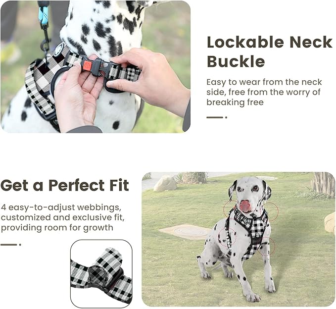 FURRYFECTION Plaid Dog Harness for Large Dogs | No Pull Reflective Pet Harness | No Choke Adjustable Dog Vest Harnesses | with Leash | Easy Control Handle | Front Lead | Seat Belt | Black&White | L