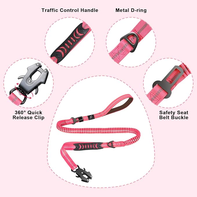 Raipult Tactical Strong Bungee Dog Leash, Pink Shock Absorbing Dog Leash with Traffic&Padded Handles, Military K9 Working Lead with Car Seatbelt for Medium Large Dogs up to 150lbs