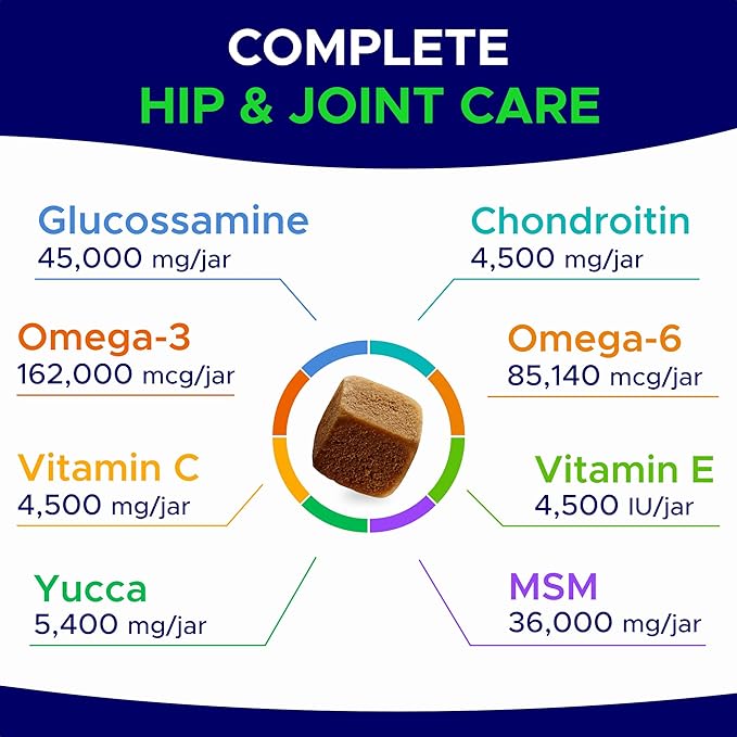 Glucosamine for Dogs Hip & Joint Supplement - Chondroitin, Omega-3, MSM - Joint Health & Pain Relief - Senior & Large Dogs - Made in USA - 180 Mobility Chews