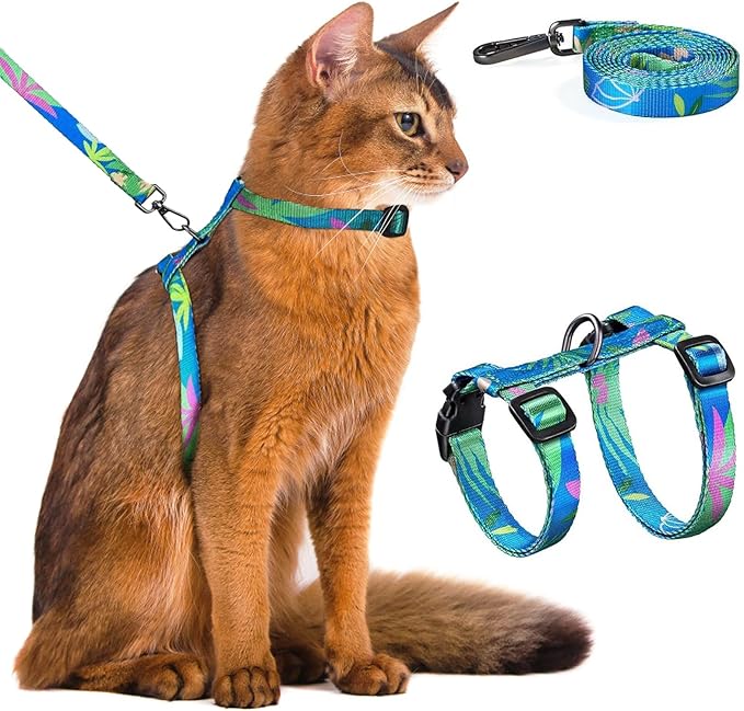 Cat Harness and Leash Set - Escape Proof Adjustable Cat Harness, Comfortable Soft Lightweight, Use Safe & Easy, Walking Travel Kitten Harness for Small Medium Large Cats (Hawaii Green)