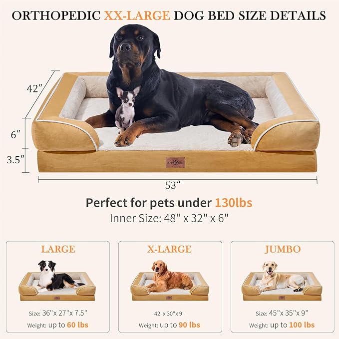 Comfort Expression XXL Orthopedic Dog Bed, Waterproof Dog Beds for Extra Large Dogs, Washable Pet Sofa Couch with Removable Cover & Non-Slip Bottom(XX-Large,Khaki)
