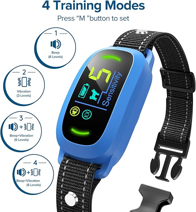 Bark Collar, Rechargeable Dog Bark Collar with 5 Adjustable Sensitivity and Intensity Beep Vibration, Anti Barking Collar for Small Medium Large Breed Dogs (Blue)