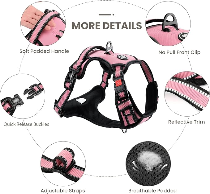 FURRYFECTION Dog Harness | No Pull Dog Harness | Reflective Oxford | Padded Handle | 4 Adjustable Straps | 2 Leash Clips | No Choke Pet Vest Harness for Small Medium Large Dogs | Pink | S