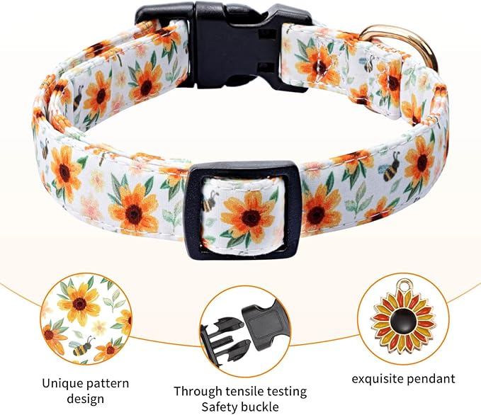 Cotton Dog Collar,Adjustable Cute Puppy Collar with Moon Patterned Design for Small Medium Large Dogs,Soft and Fancy Pet Collar with Safety Buckle for Girl Boy Dogs (Yellow Sunflower, S)