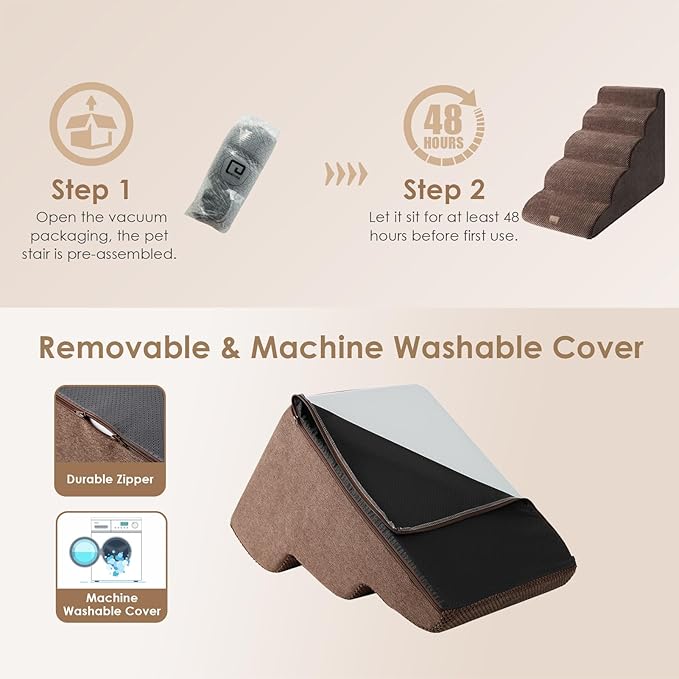 EHEYCIGA Curved Dog Stairs Ramp for High Beds 22.6" H, 5-Step Dog Steps for Small Dogs and Cats, Pet Stairs for High Bed Climbing, Non-Slip Balanced Pet Step Indoor, Brown