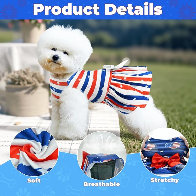 Vehomy 2-Pack 4th of July Dog Dresse American Flag Pattern Puppy Dress with Bow Independence Day Dog Skirt Stars & Stripes Dog Pet Holiday Outfit Apparel Clothes for Small Medium Dogs Cats XL