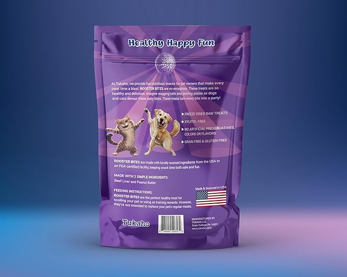 Rooster Bites Peanut Butter and Beef Liver Cat and Dog Treats - All Natural Freeze Dried High Protein Training Treats - Perfect for Dogs and Cats from Small to Extra Large Breeds