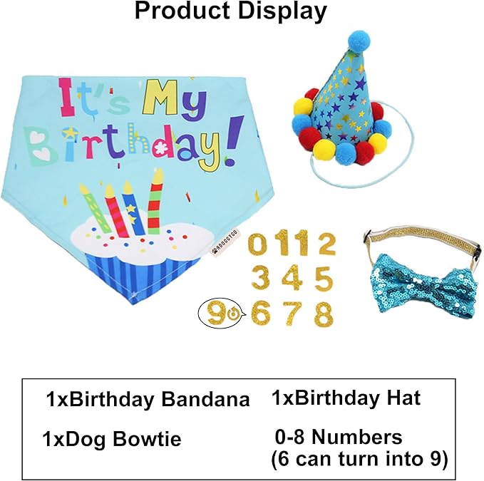 ADOGGYGO Dog Birthday Bandana Scarf and Blue Boy Pet Birthday Party Hat with Cute Bow Tie for Extra Large Dog Pet (X-Large)