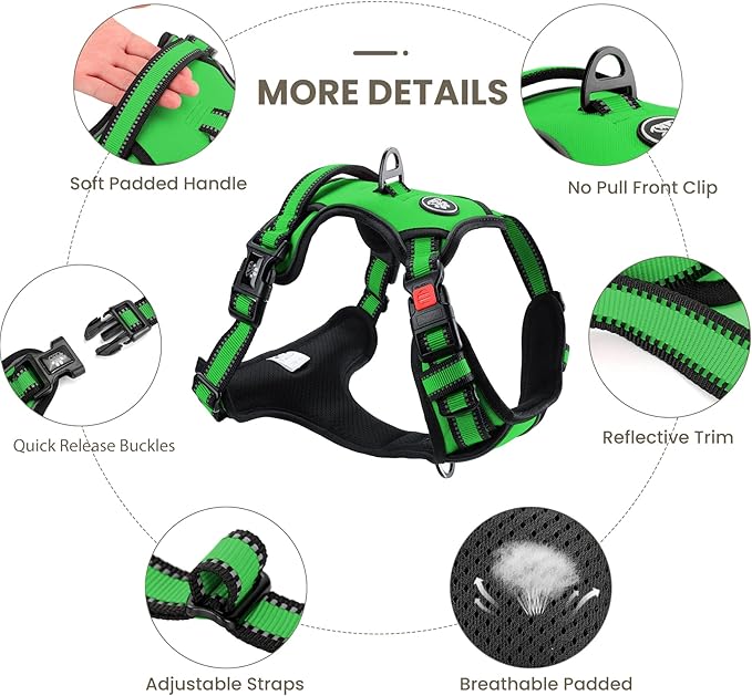 FURRYFECTION Dog Harness | No Pull Dog Harness | Reflective Oxford | Padded Handle | 4 Adjustable Straps | 2 Leash Clips | No Choke Pet Vest Harness for Small Medium Large Dogs | Green | XL