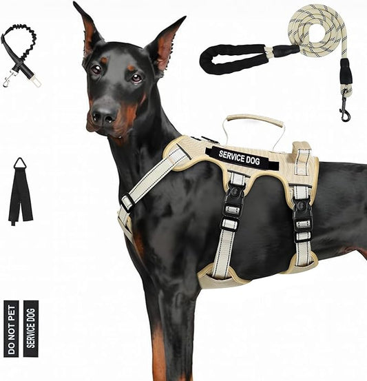 Escape Proof Dog Harness for Large Medium Sized Dogs Six Point Adjustable, Service Dog Vest Harness and Leash Set, No Pull Dogs Harnesses with Handle, XL Dog Harnesses for Walking(Beige, XL)