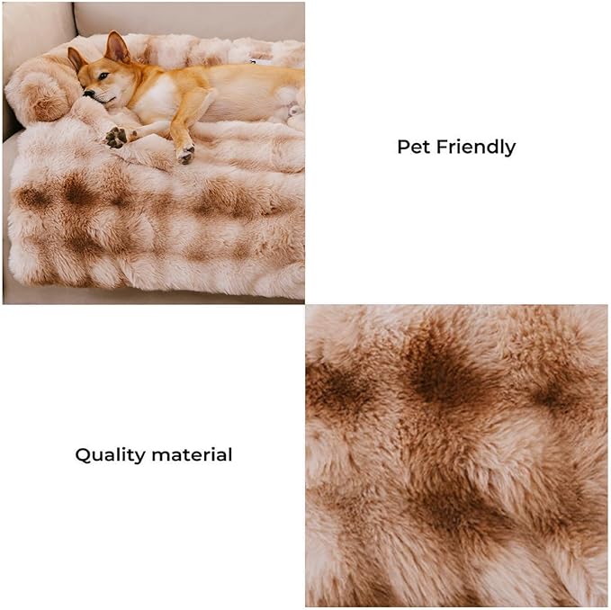 FUNNYFUZZY Calming Dog Bed Mat, Fluffy Fuzzy Couch Cover for Sofa, Furniture Protector with Removable Washable Cover for Large Medium Small Dogs and Cats (Tie-dye Brown,33.45 × 28.35 × 5.51 in)