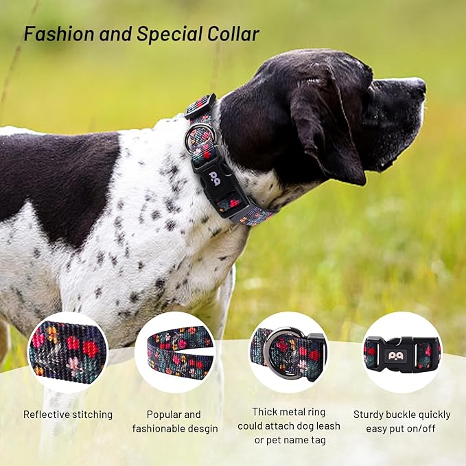 Dog Collar Cute Flower, Reflective Adjustable Basic Collars for Girl Female Small Medium Large Dogs Walking Running(Medium,Black)