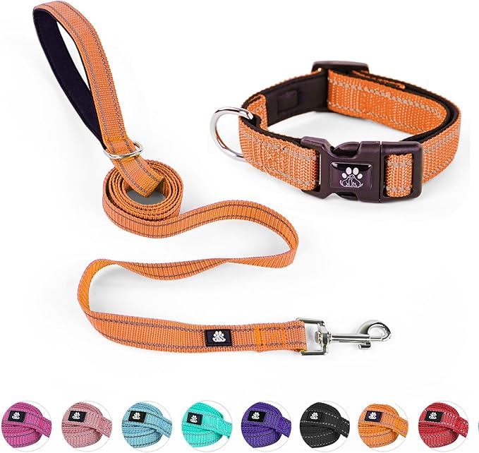 NESTROAD Reflective Dog Collar and Leash Set,Soft Neoprene Pet Collar with Quick Release Buckle,Adjustable Nylon Dog Collars for Small Medium Large Dogs(Medium Collar + 5FT Leash,Orange)