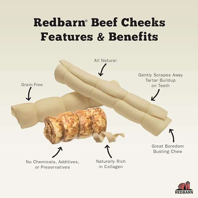 Redbarn Pet Products All-Natural Large Beef Cheek Rolls for Dogs, Uncoated - Single Ingredient Grain-Free Chew Naturally Rich in Collagen - No Artificial Preservatives - Case of 12 Rolls