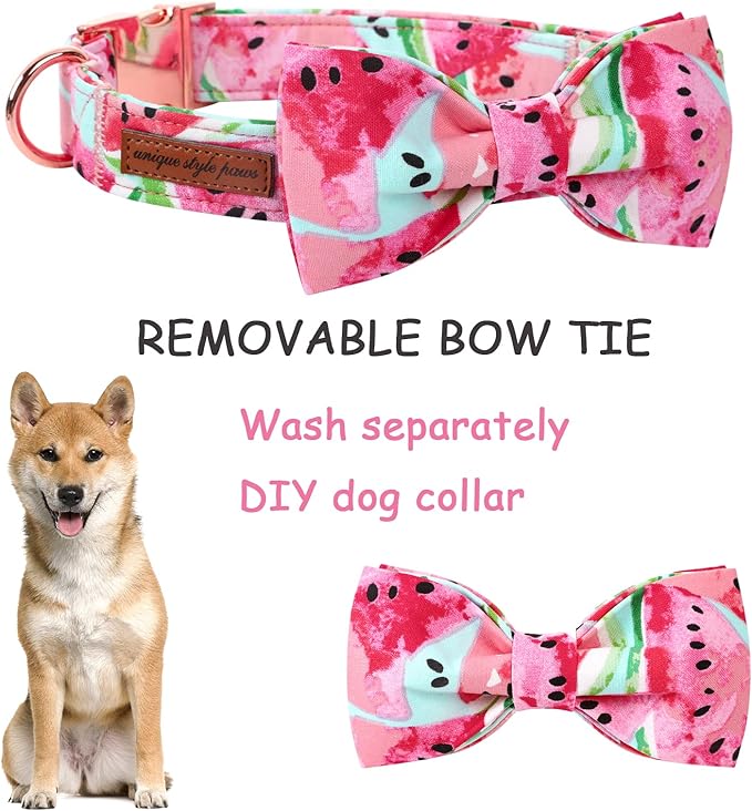 Unique style paws Bowtie Dog Collar Cotton Watermelon Collar Adjustable Summer Collar for Small Medium Large Dogs - L