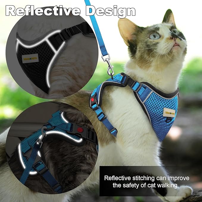 Cat Harness and Leash for Walking, Retractable Cat Harnesses and Leash Set Escape Proof, Breathable Soft Kitten Small Large Harness for Travel Training and Walking, Blue, M