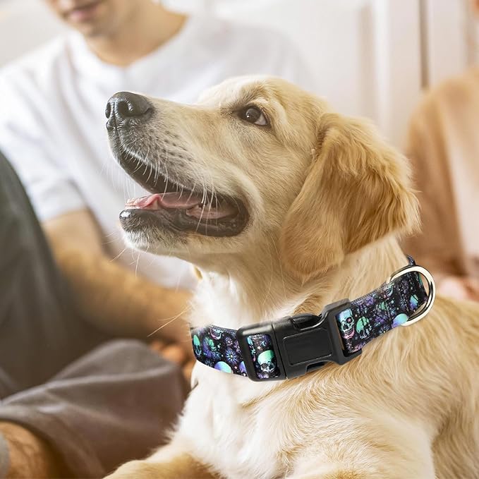 Dog Collars for Medium Boy and Girl Dogs, Adjustable Soft Skull Patterns Dog Collar with Quick Release Buckle for XS Small Medium Large Dogs (Skull M)