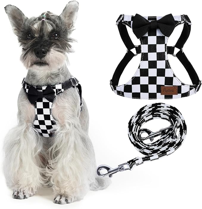 PUPTECK Dog Harness and Leash Set Small Sized, Step-in Cute Puppy Harness, Soft Lightweight Padded Vest, Escape Proof No Pull Pet Harnesses Easy for Walking, Plaid Black & White, S