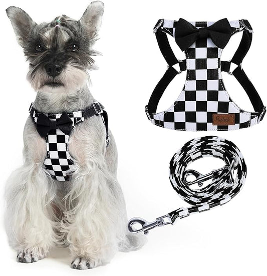 PUPTECK Dog Harness and Leash Set Small Sized, Step-in Cute Puppy Harness, Soft Lightweight Padded Vest, Escape Proof No Pull Pet Harnesses Easy for Walking, Plaid Black & White, S