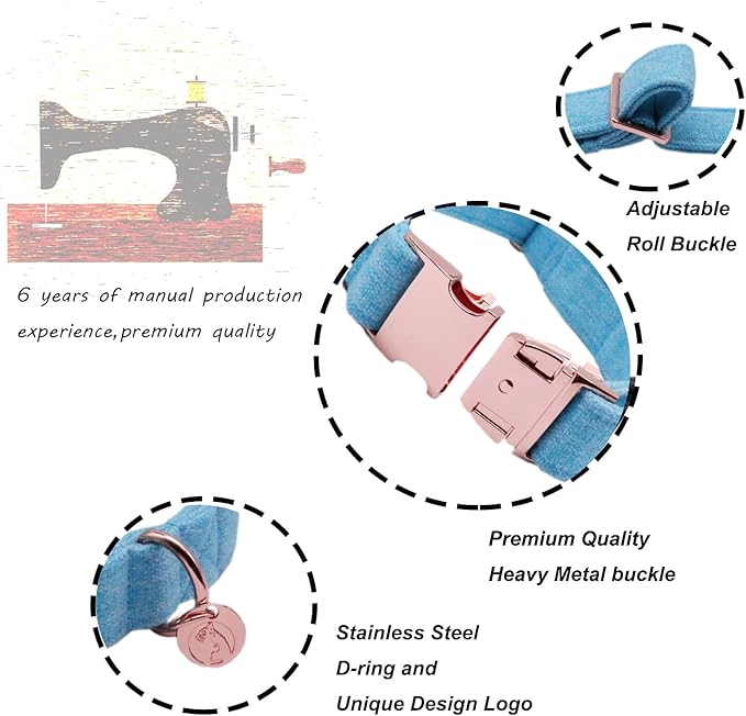 DOGWONG Hemp Cotton Dog Collar with Bow Blue Pet Collar Durable Adjustable Puppy Collar for Small Medium Large Dogs