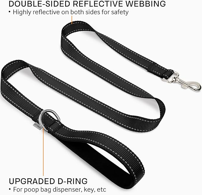 Joytale Double-Sided Reflective Dog Leash, 6 FT/5 FT/4 FT, Padded Handle Nylon Heavy Duty Leashes for Medium & Large Dogs Walking, Black, 4FT