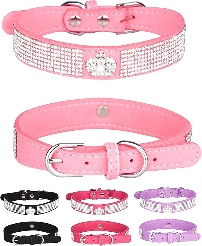 Dog Collar for Small Dogs, Adjustable Leather Suede Bling Dog Collars，Pink Dog Collar Cat Collar, Rhinestone Dog Collar (XS, pink3)