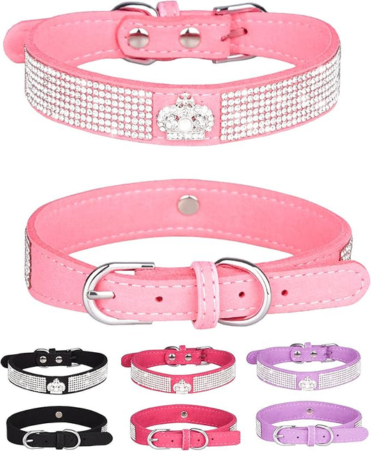 Dog Collar for Small Dogs, Adjustable Leather Suede Bling Dog Collars，Pink Dog Collar Cat Collar, Rhinestone Dog Collar (L, pink3)