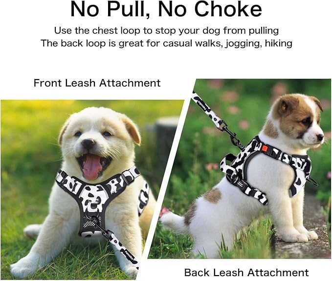 Petmolico No Pull Dog Harness and Leash Set, No Choke 4 Leash Attchments Easy Control Handle Soft Padded Reflective Vest Dog Harness for Medium Dog Breed, Cow Pattern Medium
