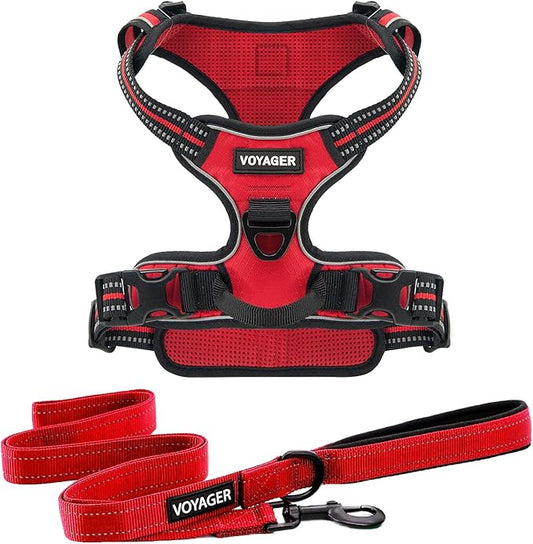Dog Harness Dual Leash Attachment No-Pull Control Adjustable Soft but Strong Pet Harness for Medium and Large Dogs with 3M Reflective Technology - Harness Leash Set (Red Lattice), M