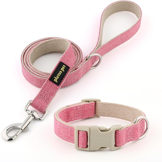 Plutus Pet Cotton Hemp Dog Collar and Leash Set, Adjustable Collar for Small, Medium, and Large Dogs, Heavy Duty and Soft on Skin, Hot Pink, M