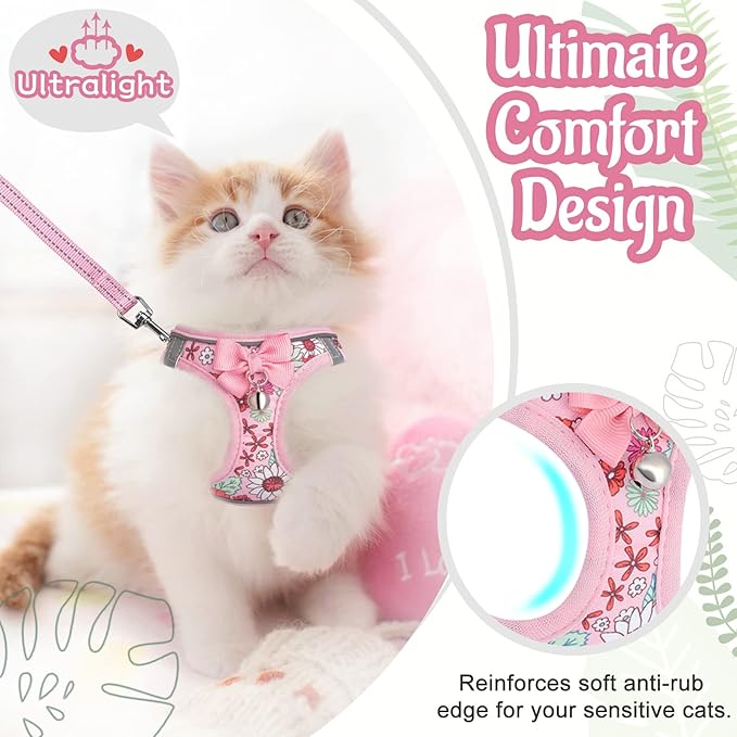 Cat Harness and Leash Escape Proof for Walking, Adjustable Soft Kitten Harness with Reflective Straps Step in Cat Vest Harness for Small Kitten and XS Dogs (Pink, L-Chest(15.7"-16.3"))