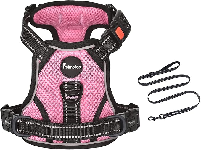 Petmolico No Pull Dog Harness and Leash Set, No Choke 4 Leash Attchments Easy Control Handle Soft Padded Reflective Vest Dog Harness for Medium Dog Breed, Pink Medium