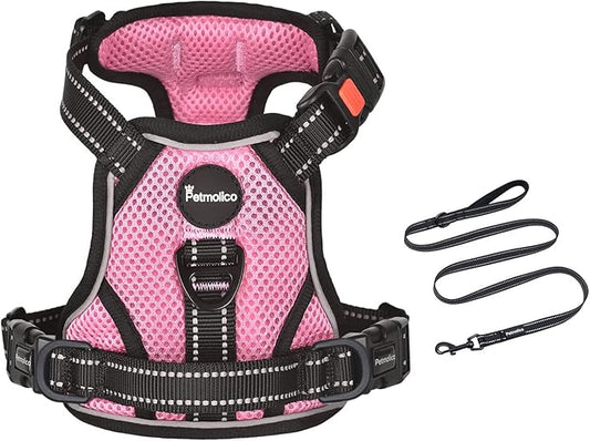 Petmolico No Pull Dog Harness and Leash Set, No Choke 4 Leash Attchments Easy Control Handle Soft Padded Reflective Vest Dog Harness for Medium Dog Breed, Pink Medium