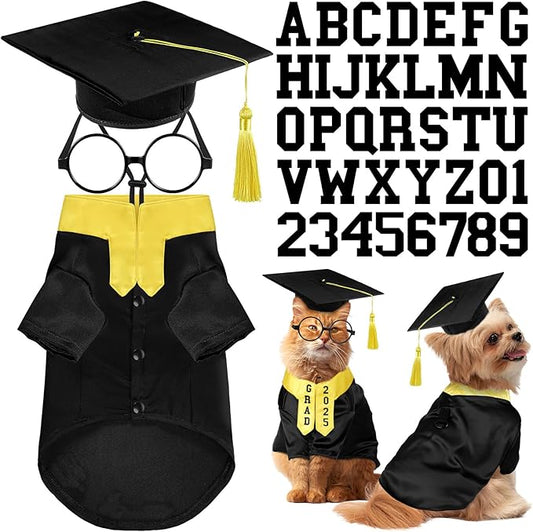 5 Pcs Dog Graduation Costume Set Include 2025 Pet Graduation Gown with Stole Puppy Grad Cap Lensless Glasses DIY Letter Stickers for Dogs Cats Holiday Costume Accessory(Black Yellow,S)