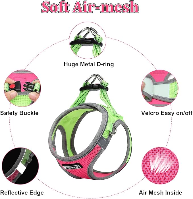 Mercano Soft Mesh Dog Harness and Leash Set, No-Chock Step-in Reflective Breathable Lightweight Easy Walk Vest Harnesses with Safety Buckle for Small Dogs, Cats (XL, Hot Pink)