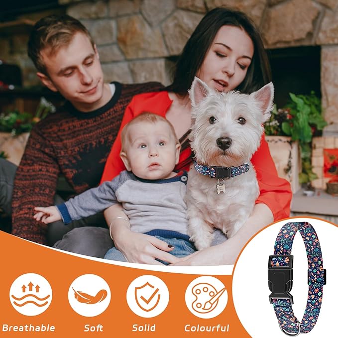 Dog Collar, Cute Floral Puppy Collar for Boys Girls Small Medium Large Dogs, Adjustable Soft Pet Collar Fancy Floral with Quick Release Buckle for Males Females, Navy Blue Floral,S