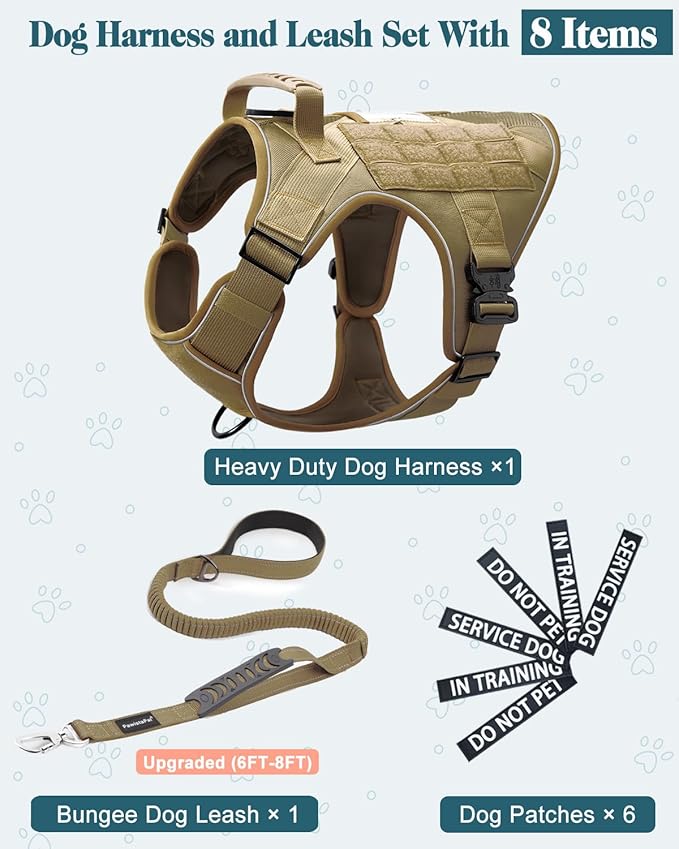 Reflective Service Dog in Training Vest Harness Leash Set for Medium Large Dogs, Adjustable Heavy Duty Brown Padded Dog Harness, with Front Clip and Metal Buckles Do Not Pet for Training, Hiking