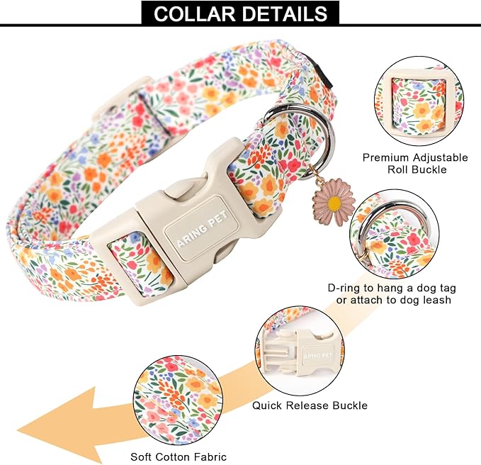 ARING PET Medium Floral Dog Collar - Adjustable Cotton, Reflective, Airtag Compatible
