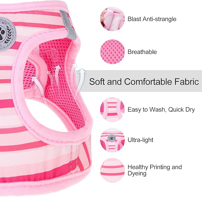 BEAUTYZOO Dog Harness and Leash Set for Small Dogs,No Pull Step-in Harness for Puppy XS S Sized Dogs and Cats,Air Mesh Adjustable Breathable Soft No Chock Escape Proof Vest Harnesses,Striped Pink S